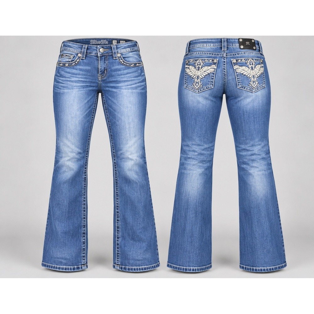 MISS ME JEANS womens 33x29 boot Mid-Rise sequins winged cross  rhinestones y2k